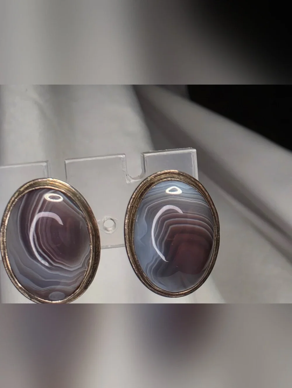 Sterling Silver Brown Band Agate Oval Earrings